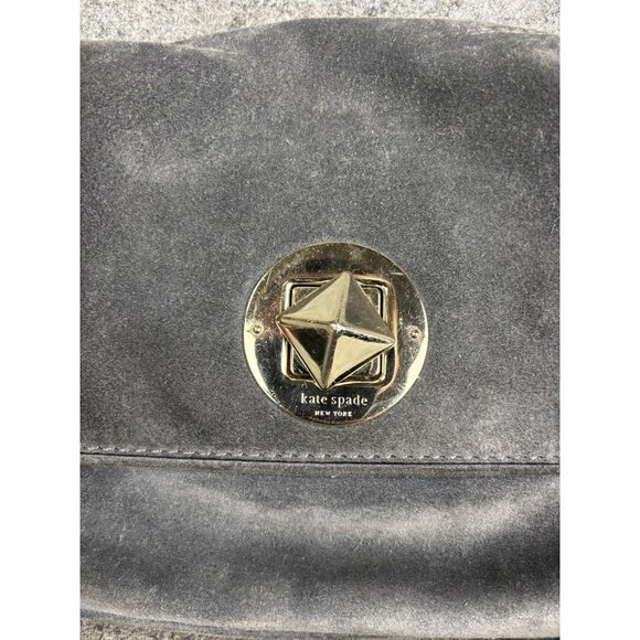 Kate Spade Shoulder Bag Womens Medium Gray Suede Brown Strap Gold Hardware Purse - Picture 2 of 8